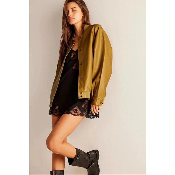 New Free People Wild Rose Vegan Leather Bomber Jacket Green We The Free Small - Picture 4 of 12